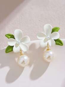 Aretes colgantes con decoración de flores y perlas falsas, regalo para San Valentín, mamá, madre, Día de la Madre - Blanco - Ver 1