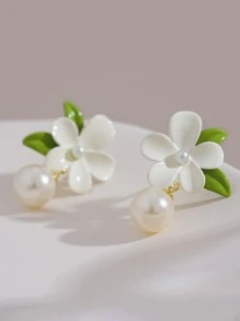 Aretes colgantes con decoración de flores y perlas falsas, regalo para San Valentín, mamá, madre, Día de la Madre - Blanco - Ver 4