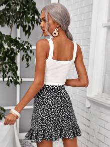SHEIN Frenchy Solid Crop Wide Straps Top & Ditsy Floral Print Knot Side Ruffle Trim Wrap Skirt - Black and White - View 2