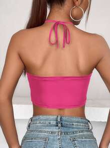 VaVaBold Criss Cross Tie Backless Crop Halter Top - Hot Pink - View 2