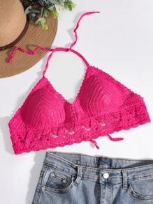 素色勾織掛脖比基尼上衣 - 粉色 - 查看 1