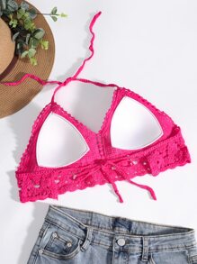 素色勾織掛脖比基尼上衣 - 粉色 - 查看 2