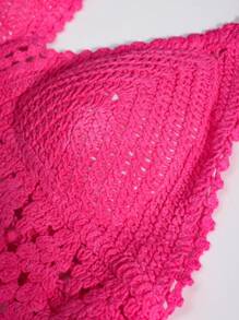 素色勾織掛脖比基尼上衣 - 粉色 - 查看 4