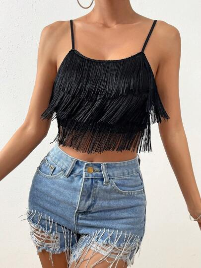 SHEIN Unity Top de tirantes crop ribete con fleco