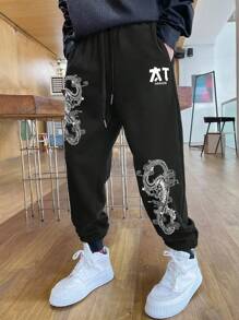 Manfinity EMRG Hombres Pantalones deportivos dragón & con estampado de letra de cintura con cordón - Negro - Ver 3