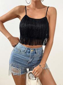 SHEIN Unity Fringe Trim Crop Cami Top - Black - View 4