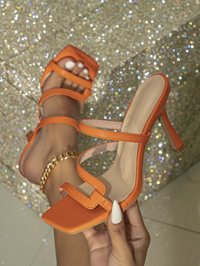 Spring/Summer Women's Orange Leather Square Toe Mule Sandals, Elegant Pumpkin Color Mule Heels, Orange High Heels, Square Toe Mule Slides, Orange Heels, Orange Sandals, White Mule Shoes, White Sandals,Black Mule Shoes, Square Toe Mules Suitable For Wide Feet, Slightly Larger Size High Heels, Suitable For Feet, Off-Season Promotion Sandals, Special Price Sandals, Holiday Party High Heels, Vacation Style Sandals, Banquet High Heels