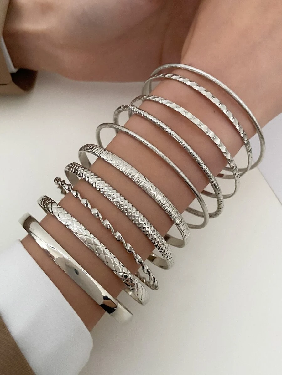 10pcs Boho Western Style Vintage Minimalist Metallic Bracelets Set, Suitable For Daily Wear, Unisex - Silver - View 1