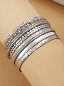 10pcs Boho Western Style Vintage Minimalist Metallic Bracelets Set, Suitable For Daily Wear, Unisex - Silver - View 2