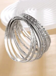 10pcs Boho Western Style Vintage Minimalist Metallic Bracelets Set, Suitable For Daily Wear, Unisex - Silver - View 5