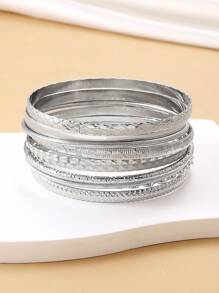 10pcs Boho Western Style Vintage Minimalist Metallic Bracelets Set, Suitable For Daily Wear, Unisex - Silver - View 7