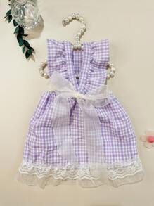 1入組格紋印花蕾絲邊寵物洋裝 - 紫色 - 查看 1