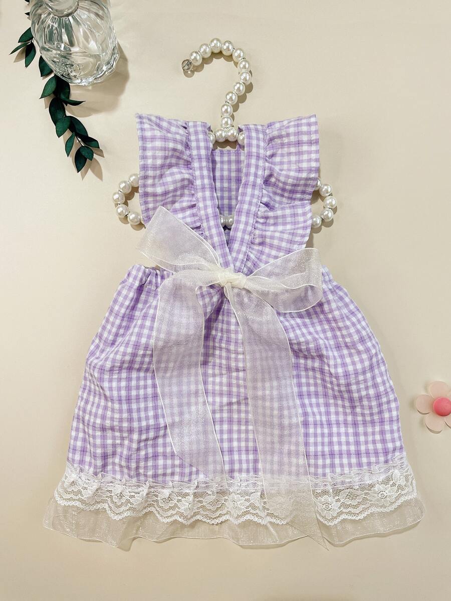 1入組格紋印花蕾絲邊寵物洋裝 - 紫色 - 查看 1