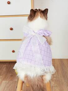 1入組格紋印花蕾絲邊寵物洋裝 - 紫色 - 查看 2