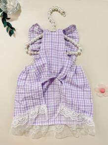 1入組格紋印花蕾絲邊寵物洋裝 - 紫色 - 查看 3