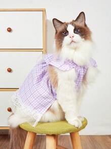 1入組格紋印花蕾絲邊寵物洋裝 - 紫色 - 查看 5