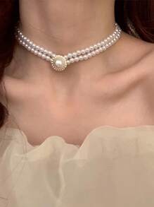 1條優雅的鑽石裝飾養殖假珍珠串珠項鍊,適合女性日常裝飾 - 彩色 - 查看 2