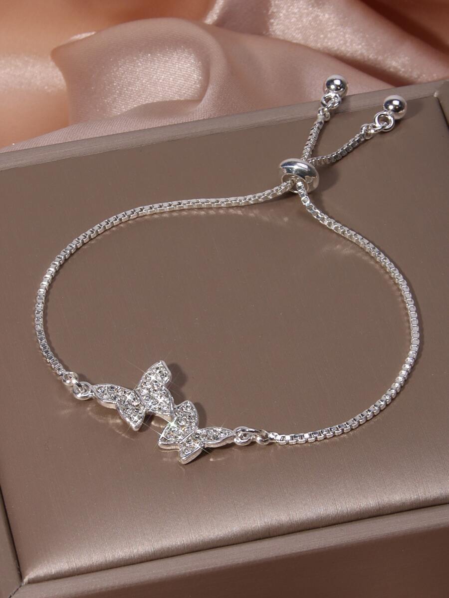 1pc Glamorous Rhinestone Butterfly Decor Bracelet For Women For Daily Decoration - Silver - View 1
