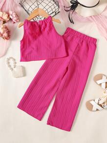 Bộ thời trang bé gái Viên lá sen màu trơn Giải trí - Màu Hồng Tươi - Xem 2