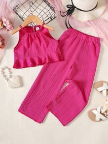 Bộ thời trang bé gái Viên lá sen màu trơn Giải trí - Màu Hồng Tươi - Xem 3