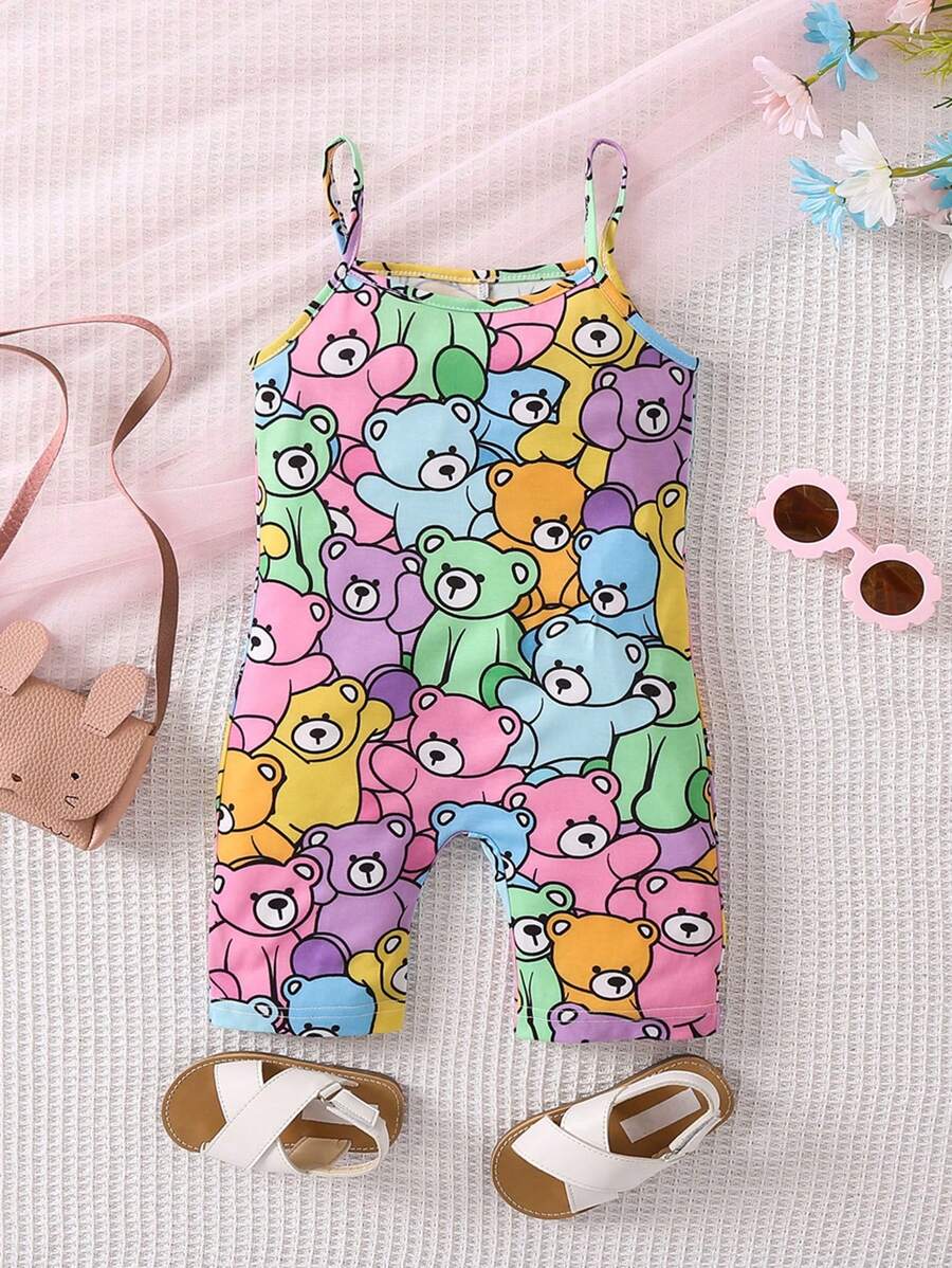 SHEIN Young Girl Cartoon Printed Cute Romper With Adjustable Shoulder Straps For Summer - Multicolor - View 1