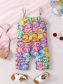 SHEIN Young Girl Cartoon Printed Cute Romper With Adjustable Shoulder Straps For Summer - Multicolor - View 2