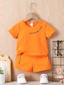 男嬰字母圖案T恤和短褲 - 橘色 - 查看 1