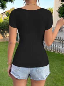 SHEIN Essnce Camiseta unicolor de cuello cuadrado - Negro - Ver 2