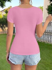 SHEIN Essnce Solid Square Neck Tee - Pink - View 2