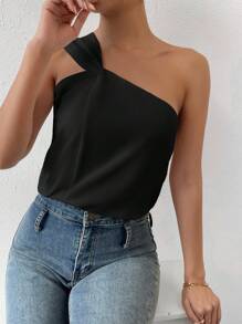 SHEIN Privé Spring Break Solid One Shoulder Asymmetrical Top Blouse - Black - View 1