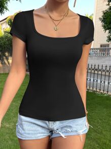 SHEIN Essnce Camiseta unicolor de cuello cuadrado - Negro - Ver 4