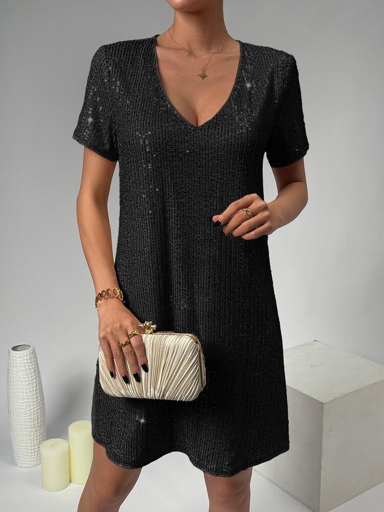 V Neck Sequin Tee Dress