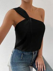 SHEIN Privé Spring Break Solid One Shoulder Asymmetrical Top Blouse - Black - View 3