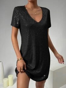 SHEIN Unity V領亮片T恤洋裝