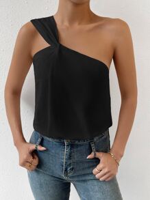 SHEIN Privé Spring Break Solid One Shoulder Asymmetrical Top Blouse - Black - View 5