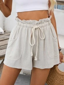 SHEIN VCAY Paperbag Waist Drawstring Wide Leg Shorts - Apricot - View 5