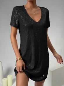 SHEIN Unity V領亮片T恤洋裝