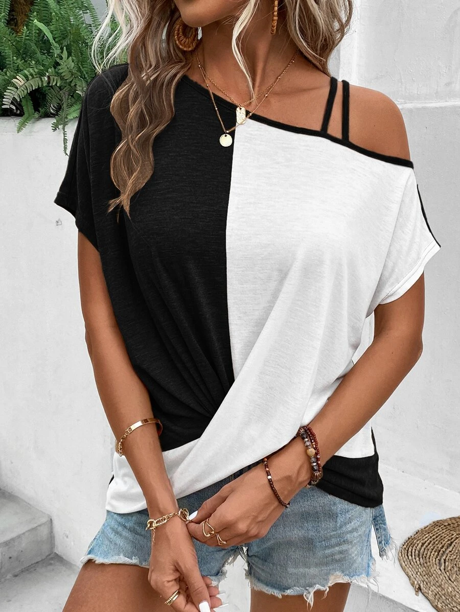 SHEIN LUNE Áo thun nữ Bất đối xứng Khối Màu Giải trí - Đen và trắng - Xem 1