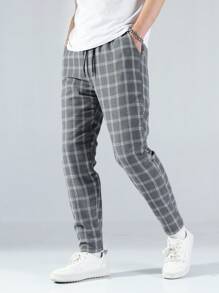 Manfinity Homme 男士格紋印花腰部抽繩長褲 - 灰色 - 查看 3
