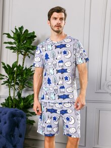 男士滿版卡通圖案休閒服套裝 - 彩色 - 查看 1