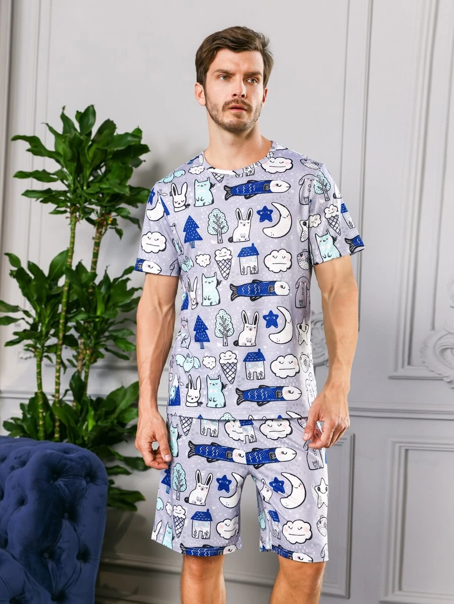 男士滿版卡通圖案休閒服套裝 - 彩色 - 查看 1