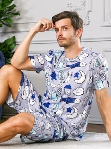 男士滿版卡通圖案休閒服套裝 - 彩色 - 查看 6