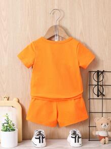 男嬰字母圖案T恤和短褲 - 橘色 - 查看 2
