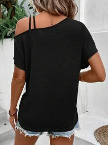 SHEIN LUNE Áo thun nữ Bất đối xứng Khối Màu Giải trí - Đen và trắng - Xem 2