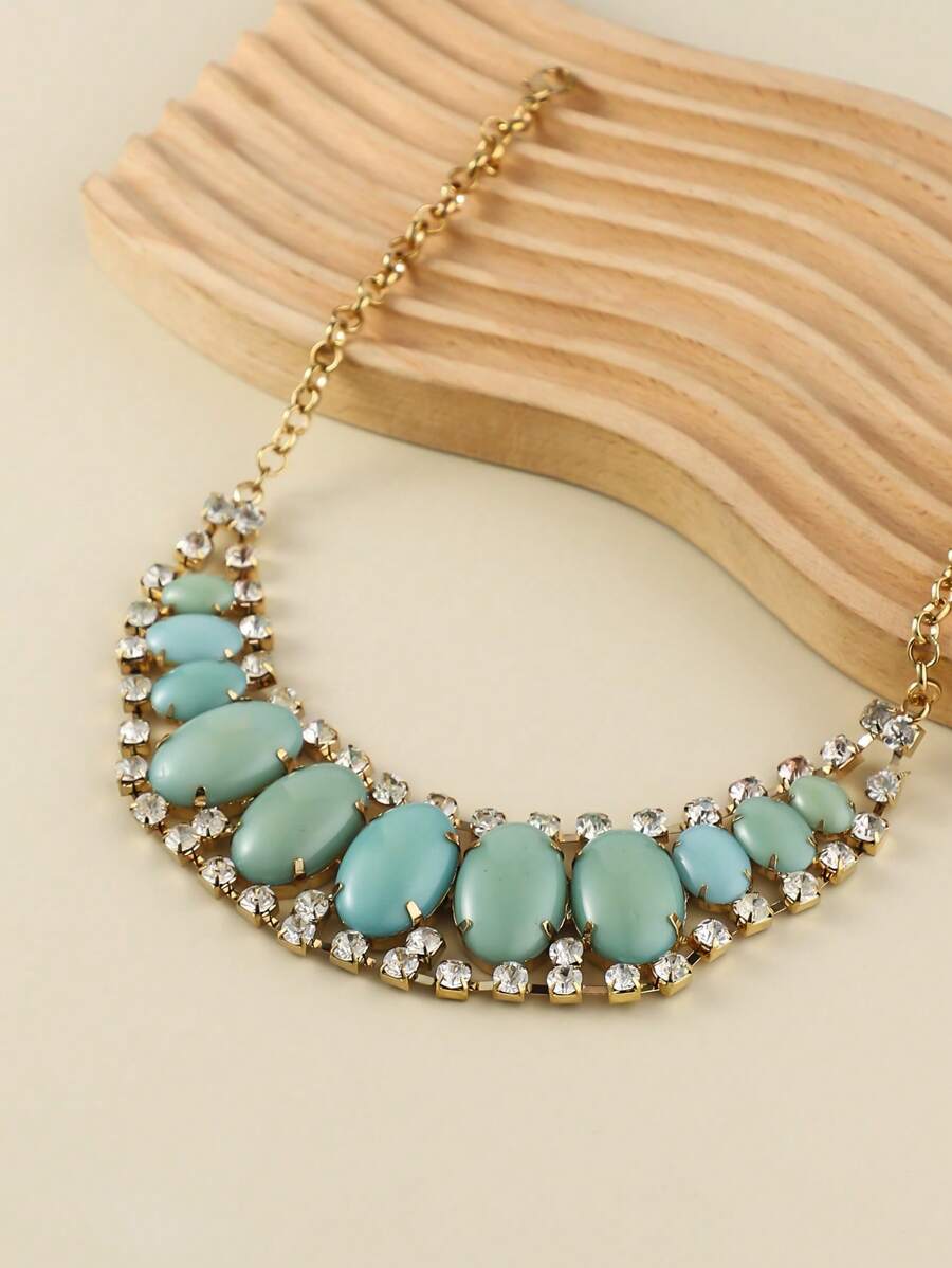 1 Vòng cổ Boho Rhinestone & Hình bầu dục Trang trí yếm Vòng cổ cho phụ nữ để trang trí hàng ngày - Màu xanh nhạt - Xem 1