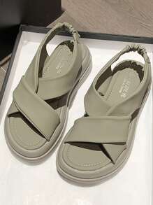 女士極簡厚底露跟時尚夏天涼鞋 - 橄欖綠 - 查看 5