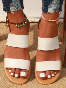 Double Strap Slide Sandals - Beige - View 1