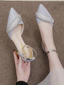 水鑽和人造珍珠裝飾金屬亮絲踝帶高跟鞋