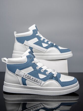 運動板鞋適用於男士撞色字母貼飾繫帶運動鞋