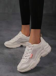 Women's Beige Road Running Shoes, Breathable Mesh Contrast With Lace-Up, Front Foot Sports Sneakers - Beige - View 1